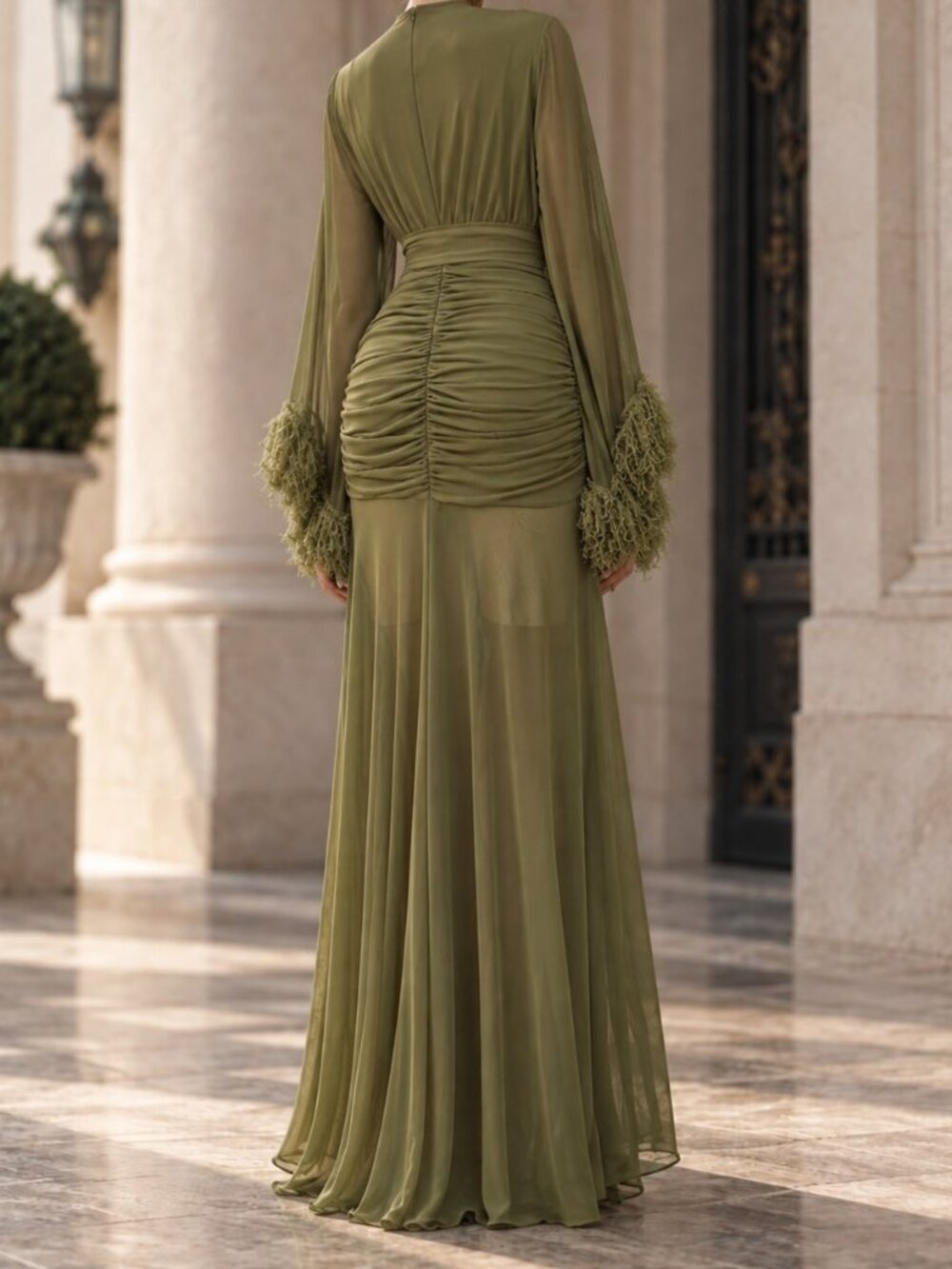 Green Elegant Women's Deep V-Neck Ruched Waist Maxi Dress - Picture 2 of 5